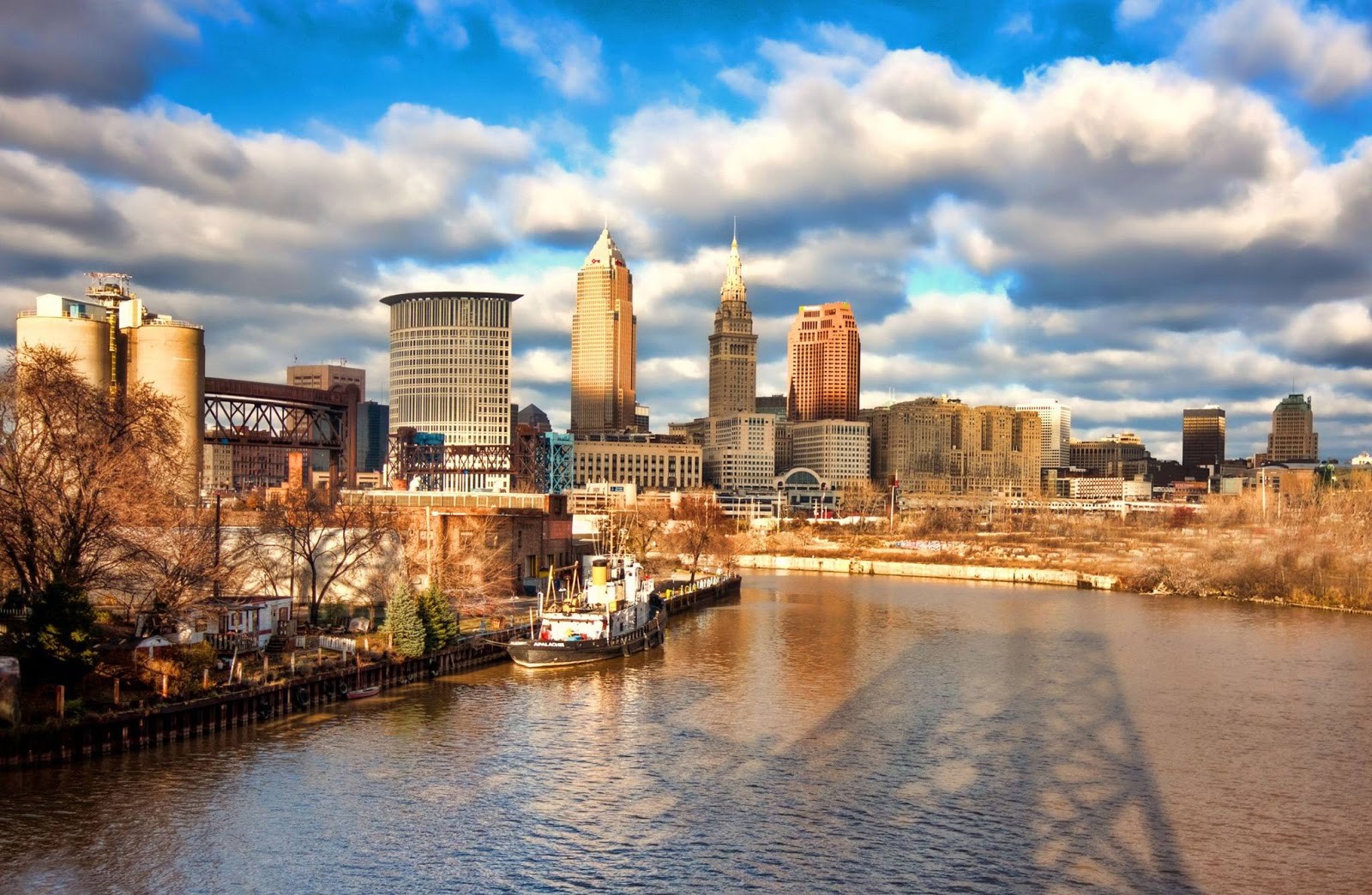 The Cleveland skyline over the river at sunset